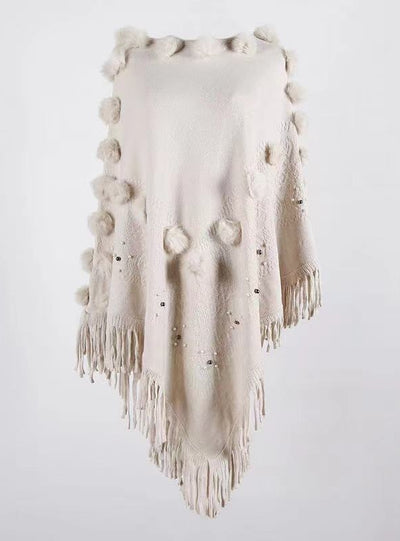 Fringed Fur Ball Round Neck Shawl Cloak