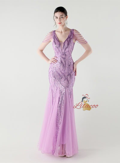 Mermaid Sequins Tulle V-neck Beading Prom Dress