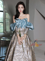 Long Sleeve Print Off the Shoulder Bow Prom Dress