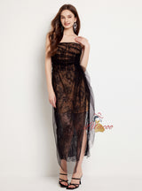 Lace Sequins Stitching Pleated Mesh Slit Dress