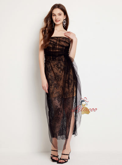 Lace Sequins Stitching Pleated Mesh Slit Dress