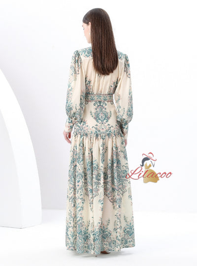 Retro Printed Lantern Sleeve Dress