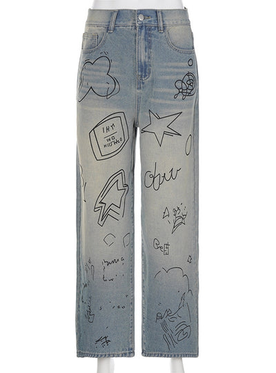 Star Graffiti Blue High-waisted Jeans