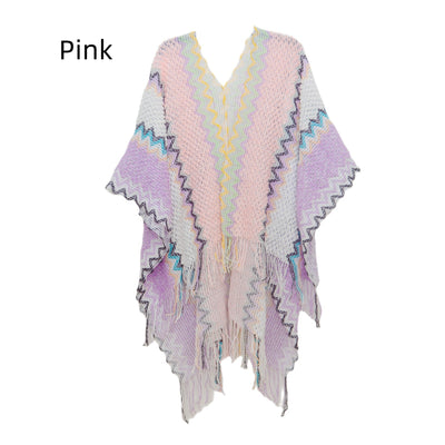 Ethnic White Knitted Split Tassels Shawl