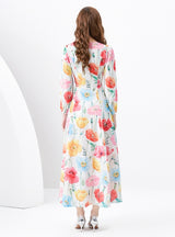Retro V-neck Single-breasted Printed Long Dress