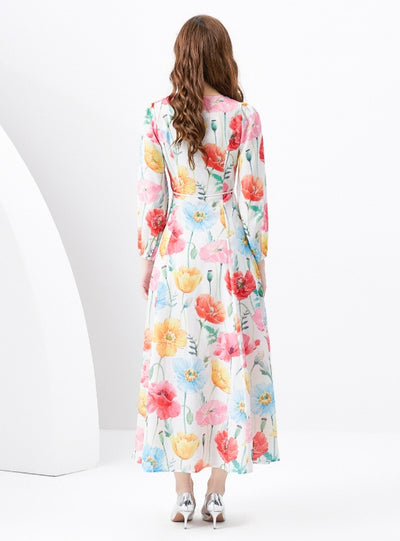 Retro V-neck Single-breasted Printed Long Dress