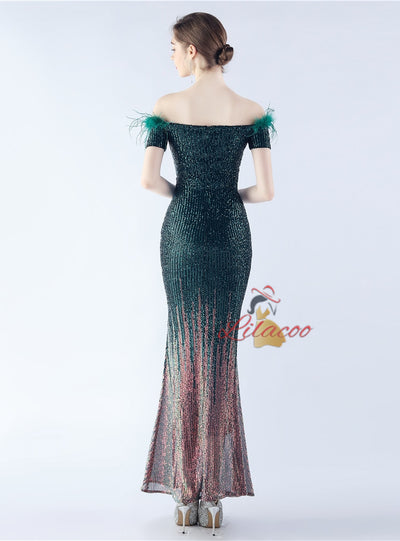 Mermaid Sequins Off the Shoulder Feather Prom Dress