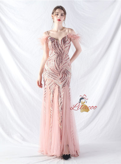 Spaghetti Straps Mermaid Sequins Tulle Prom Dress