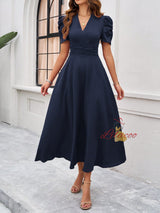 V-neck Solid Color Short Sleeve Dress