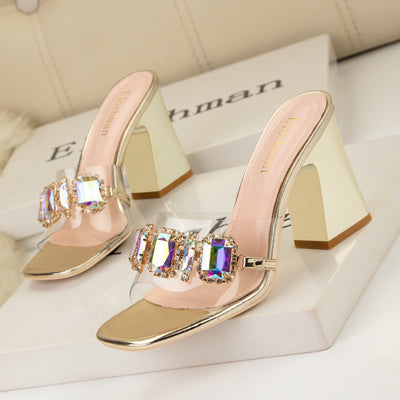 Thick-heeled Metal Diamond Buckle Slippers
