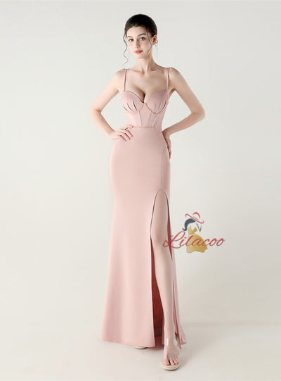 Spaghetti Straps Split Beading Prom Dress