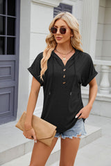Solid Color Hooded Button Loose Short Sleeve T-shirt