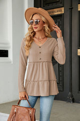 Solid Color V-neck Button Loose Long Sleeve T-shirt