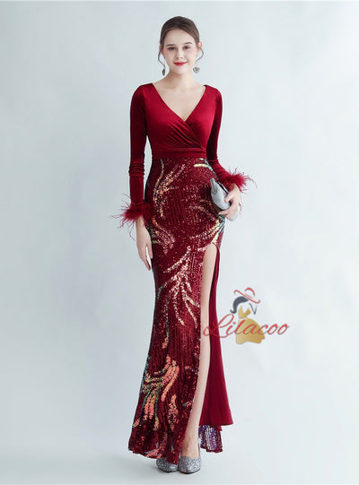 Velvet Sequins Long Sleeve V-neck Prom Dress