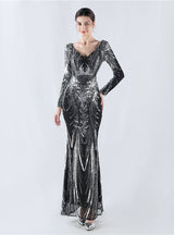 Long Sleeve Sequins V-neck Prom Dress