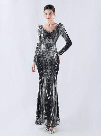 Long Sleeve Sequins V-neck Prom Dress