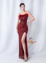 Sequins Mermaid Straps Feather Prom Dress