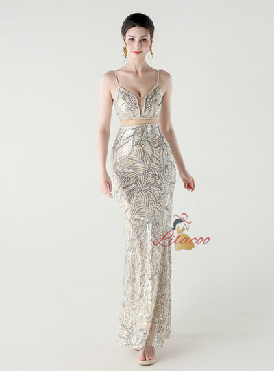 Mermaid Spaghetti Straps Sequins Beading Prom Dress