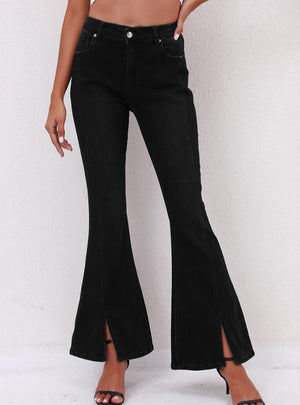Stretch Front Split Black Flared Jeans