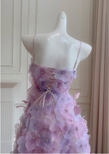 Purple 3D Flower Straps Prom Dress