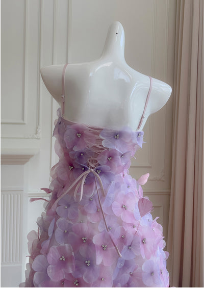 Purple 3D Flower Straps Prom Dress