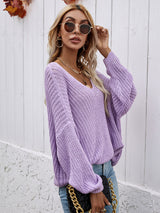 Solid Color Pullover V-neck Loose Sweater