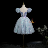 Blue Tulle Sequins Puff Sleeve Homecoming Dress