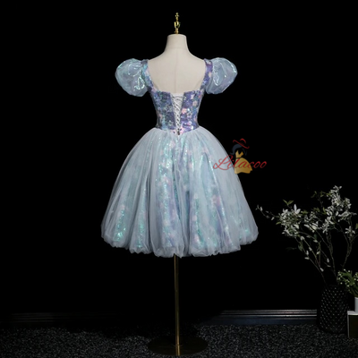Blue Tulle Sequins Puff Sleeve Homecoming Dress