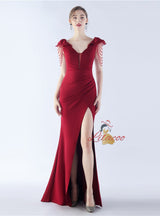 V-neck Mermaid Beading Split Prom Dress