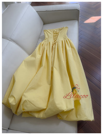 Yellow Straps Pleats Prom Dress