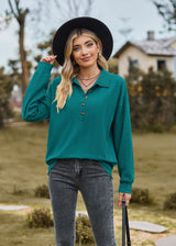 Solid Color Lapel Button Loose Long Sleeve Top