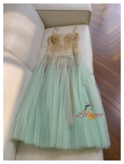 Green Tulle Lace Straps Prom Dress