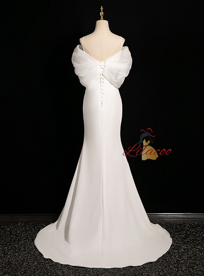 White Mermaid Straps Pearls Wedding Dress