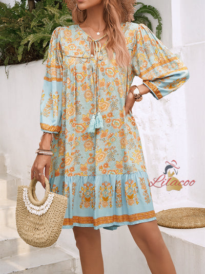Casual Bohemian Printed V-neck Dress