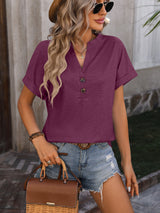 V-neck Button Loose Short Sleeve T-shirt