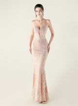 Spaghetti Straps Mermaid Sequins Beading Prom Dress