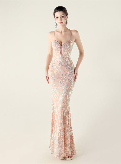 Spaghetti Straps Mermaid Sequins Beading Prom Dress