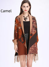 Printed Bat Sleeve Tassel Knitted Shawl