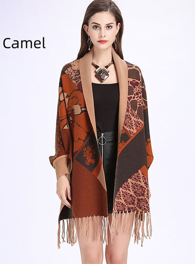 Printed Bat Sleeve Tassel Knitted Shawl