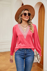 V-neck Lace Stitching Loose Long Sleeve T-shirt