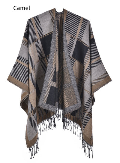 Split Plaid Thick Warm Knit Cloak Scarf