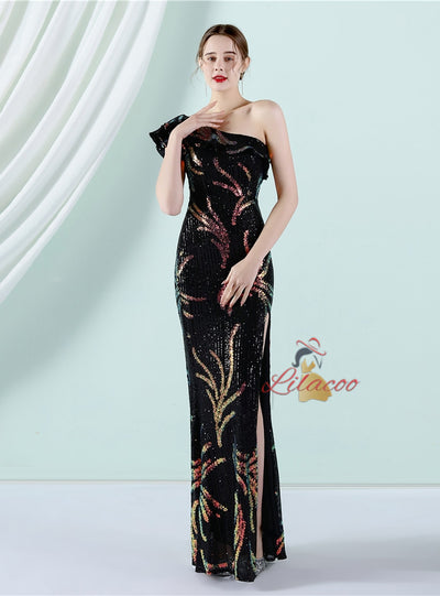 Sequins One Shoulder Split Prom Dress
