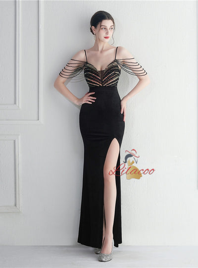 Mermaid Velvet Spaghetti Straps Sequins Beading Prom Dress