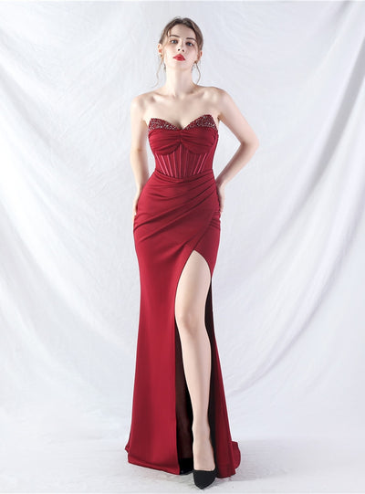 Memraid Strapless Pleats Beading Split Prom Dress