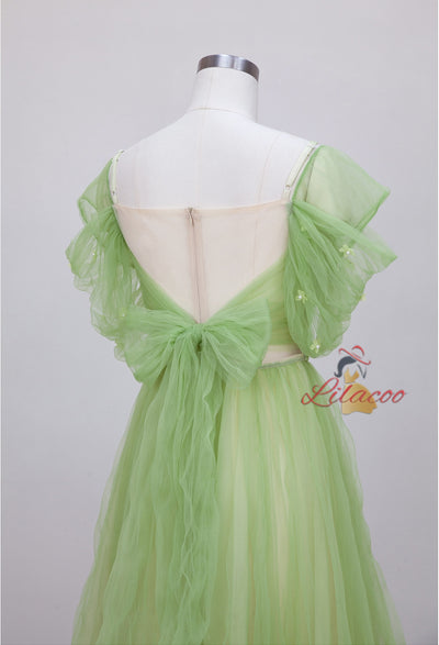Green Tulle Pleats Flower Prom Dress