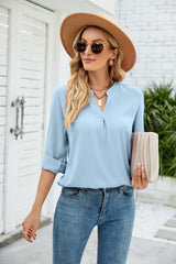 Solid Color Chiffon Loose V-neck Long Sleeve Shirt