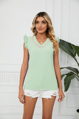 Contrast Color V-neck Short Sleeve Loose Chiffon Top