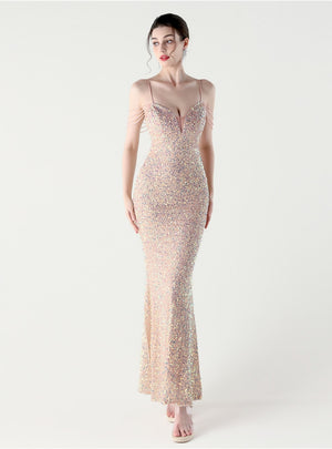 Mermaid Sequins Spaghetti Straps Beading Prom Dress