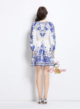 Fashion Printed Slim V-neck Lantern Sleeve Dress