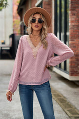 Jacquard Chiffon Long-sleeved Loose V-neck Top